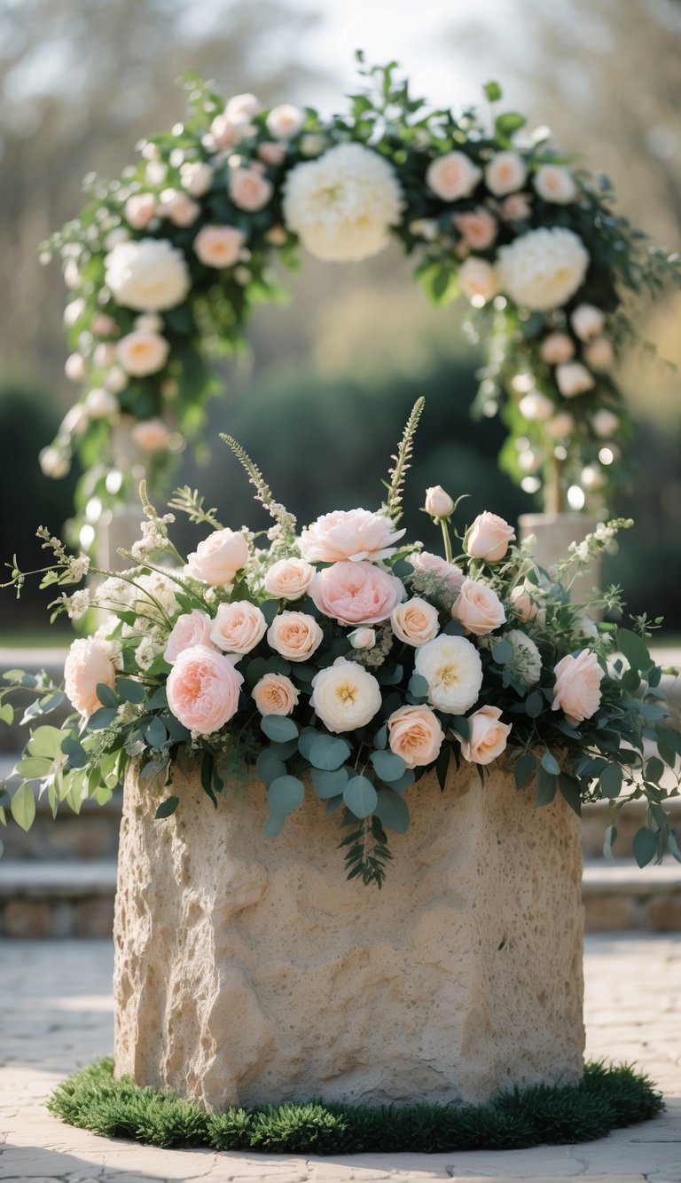 A natural stone base decorated with fresh flowers arranged as a wedding altar in an outdoor setting.